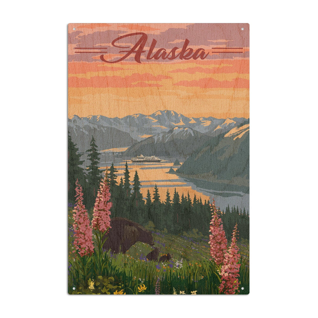 Alaska, Bear & Spring Flowers, Cruise Ship, Lantern Press Artwork, Wood Signs and Postcards Wood Lantern Press 10 x 15 Wood Sign 