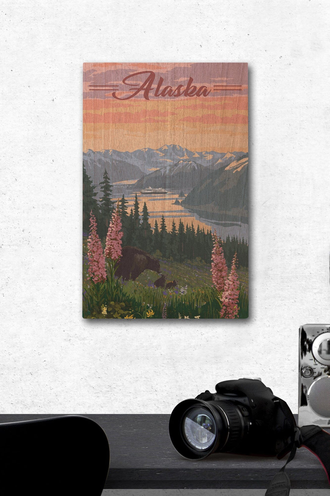 Alaska, Bear & Spring Flowers, Cruise Ship, Lantern Press Artwork, Wood Signs and Postcards Wood Lantern Press 12 x 18 Wood Gallery Print 