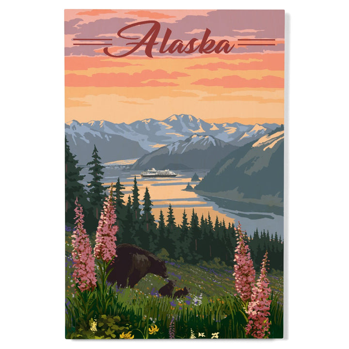 Alaska, Bear & Spring Flowers, Cruise Ship, Lantern Press Artwork, Wood Signs and Postcards Wood Lantern Press 