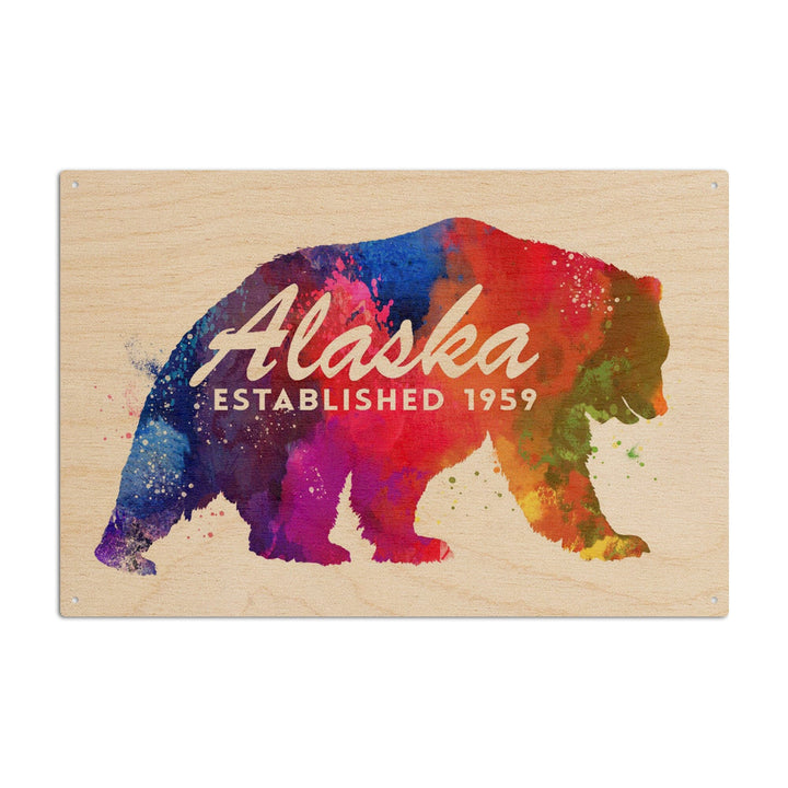 Alaska, Bear, Vibrant Watercolor, Est, Lantern Press Artwork, Wood Signs and Postcards Wood Lantern Press 10 x 15 Wood Sign 