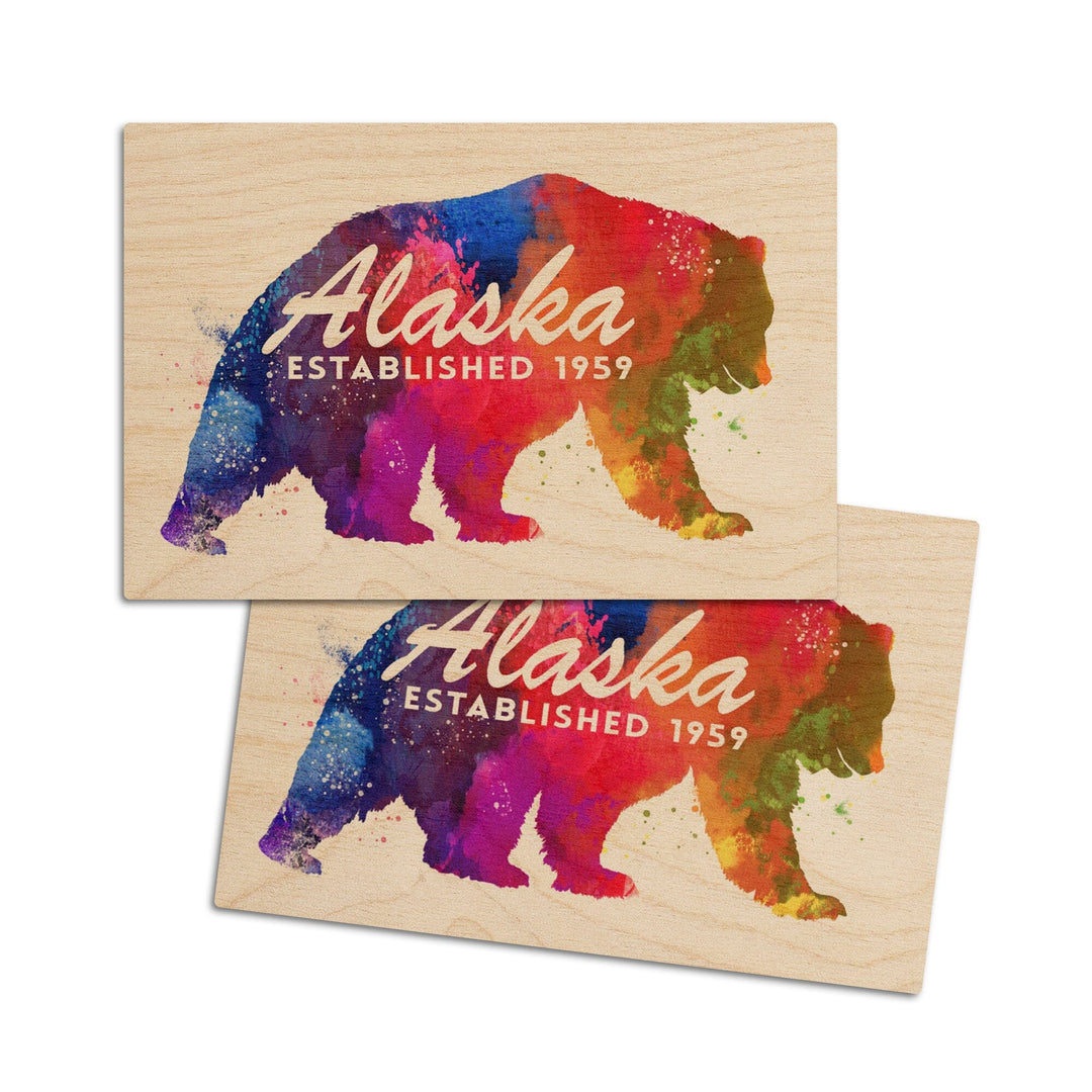 Alaska, Bear, Vibrant Watercolor, Est, Lantern Press Artwork, Wood Signs and Postcards Wood Lantern Press 4x6 Wood Postcard Set 