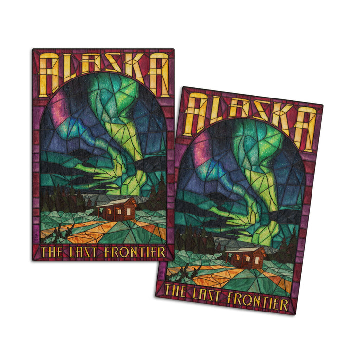 Alaska, Cabin & Northern Lights Stained Glass, Lantern Press Artwork, Wood Signs and Postcards Wood Lantern Press 4x6 Wood Postcard Set 
