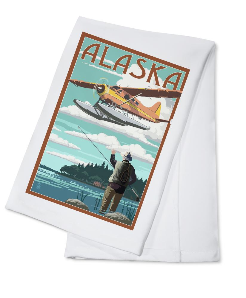 Alaska, Float Plane & Fisherman, Lantern Press Artwork, Towels and Aprons Kitchen Lantern Press Cotton Towel 