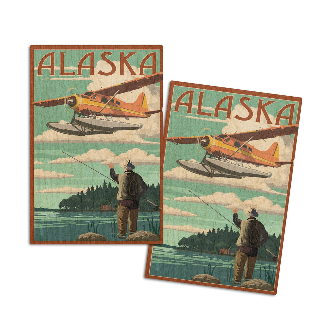 Alaska, Float Plane & Fisherman, Lantern Press Artwork, Wood Signs and Postcards Wood Lantern Press 4x6 Wood Postcard Set 