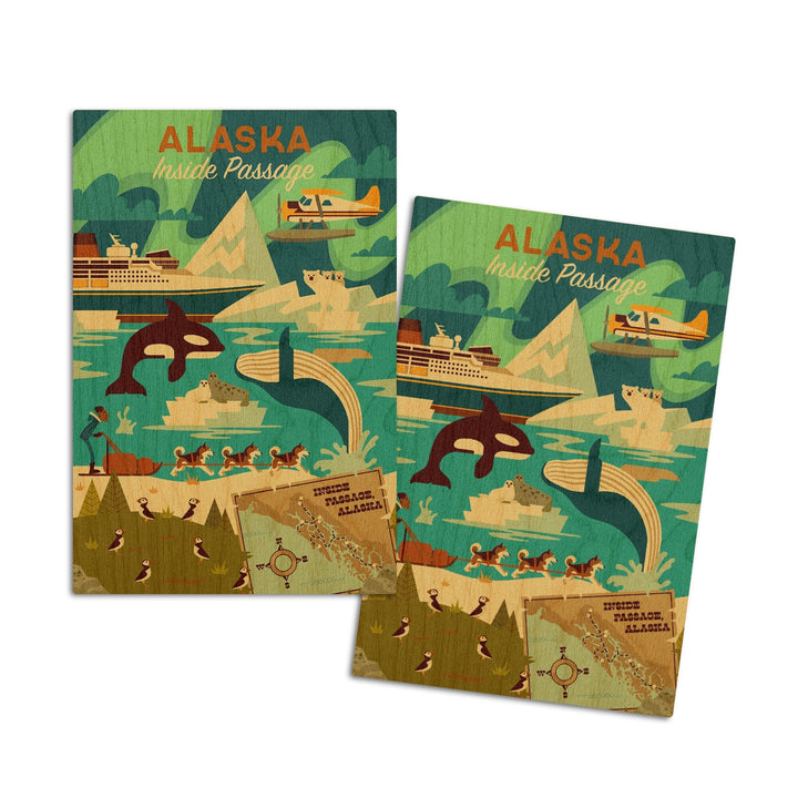 Alaska, Inside Passage, Geometric, Lantern Press Artwork, Wood Signs and Postcards Wood Lantern Press 4x6 Wood Postcard Set 