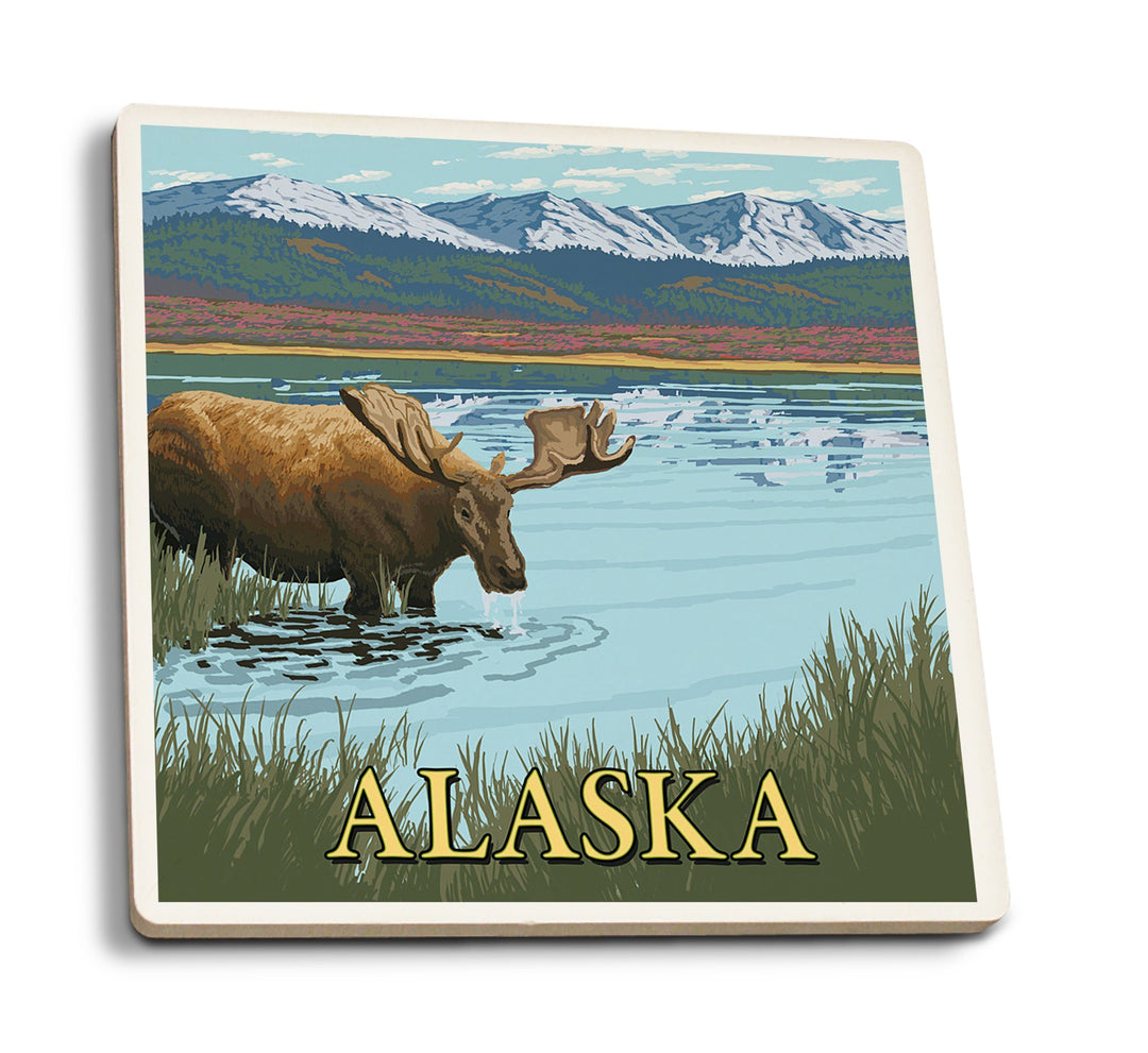 Alaska, Moose in Water, Lantern Press Artwork, Coaster Set Coasters Lantern Press 