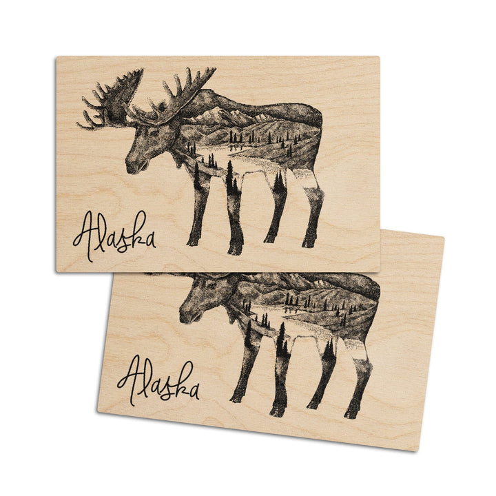 Alaska, Moose & Mountains, Double Exposure, Lantern Press Artwork, Wood Signs and Postcards Wood Lantern Press 4x6 Wood Postcard Set 
