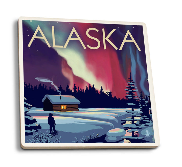 Alaska, Northern Lights & Cabin, Lantern Press Artwork, Coaster Set Coasters Lantern Press 