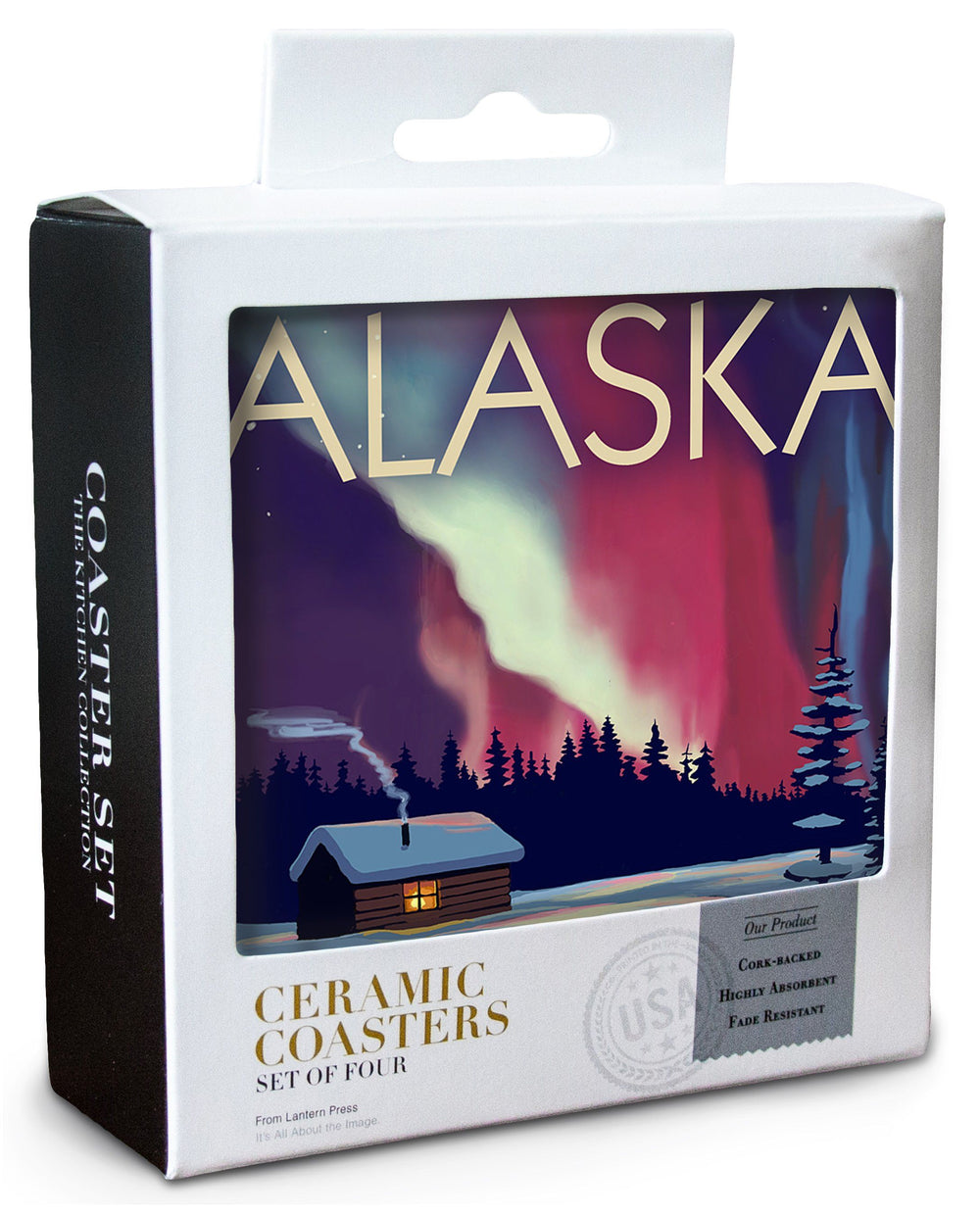 Alaska, Northern Lights & Cabin, Lantern Press Artwork, Coaster Set Coasters Lantern Press 