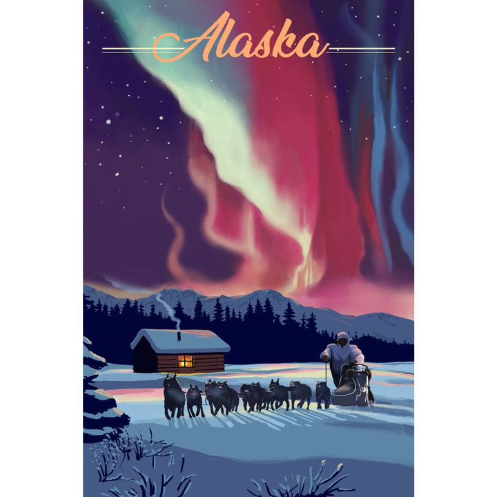 Alaska, Northern Lights & Dogsled, Lantern Press Artwork, Stretched Canvas Canvas Lantern Press 