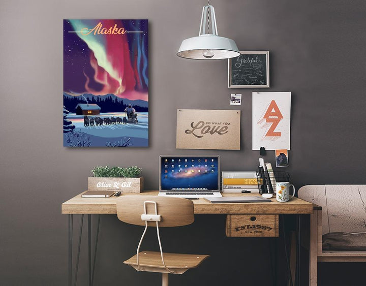 Alaska, Northern Lights & Dogsled, Lantern Press Artwork, Stretched Canvas Canvas Lantern Press 