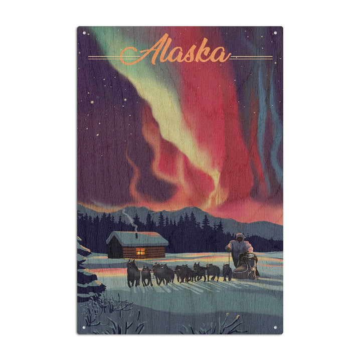 Alaska, Northern Lights & Dogsled, Lantern Press Artwork, Wood Signs and Postcards Wood Lantern Press 10 x 15 Wood Sign 