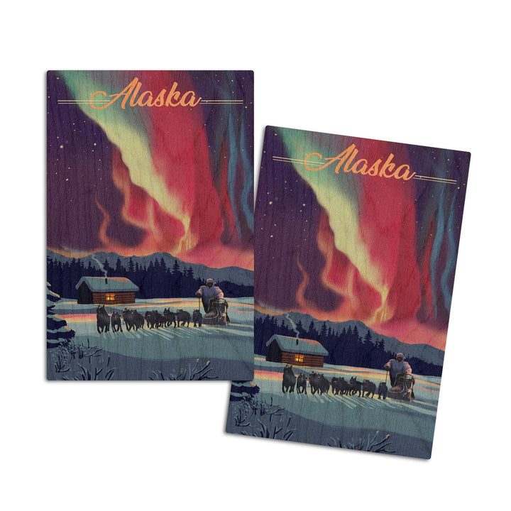 Alaska, Northern Lights & Dogsled, Lantern Press Artwork, Wood Signs and Postcards Wood Lantern Press 4x6 Wood Postcard Set 