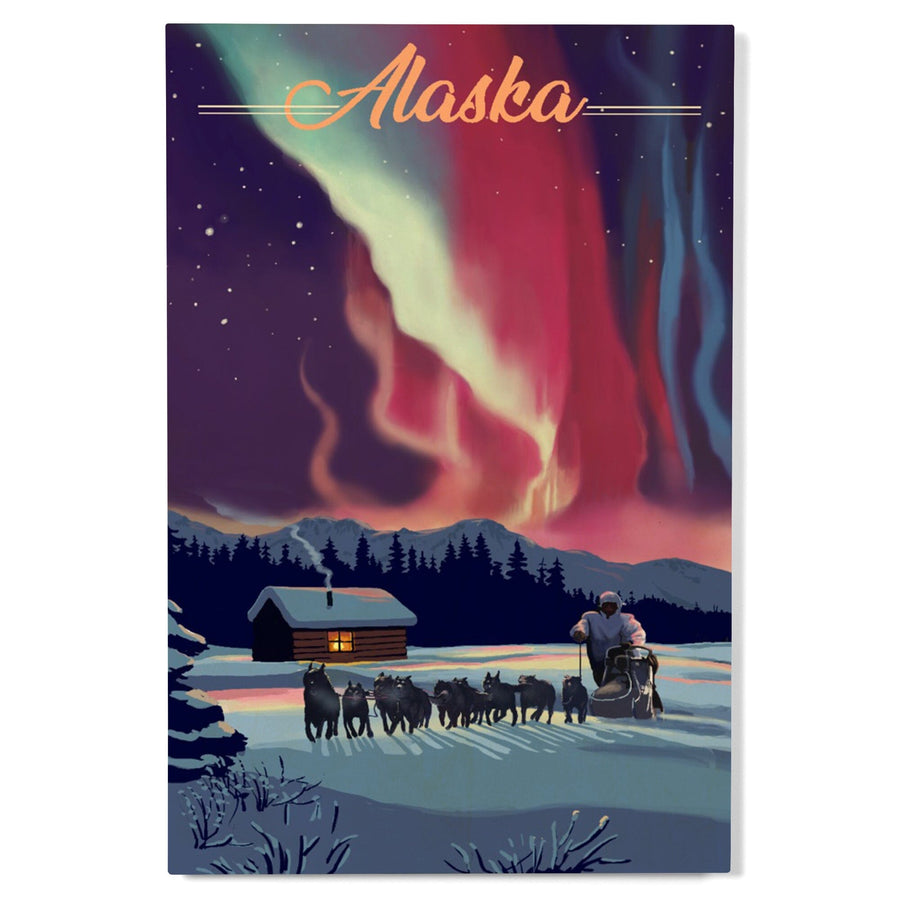 Alaska, Northern Lights & Dogsled, Lantern Press Artwork, Wood Signs and Postcards Wood Lantern Press 
