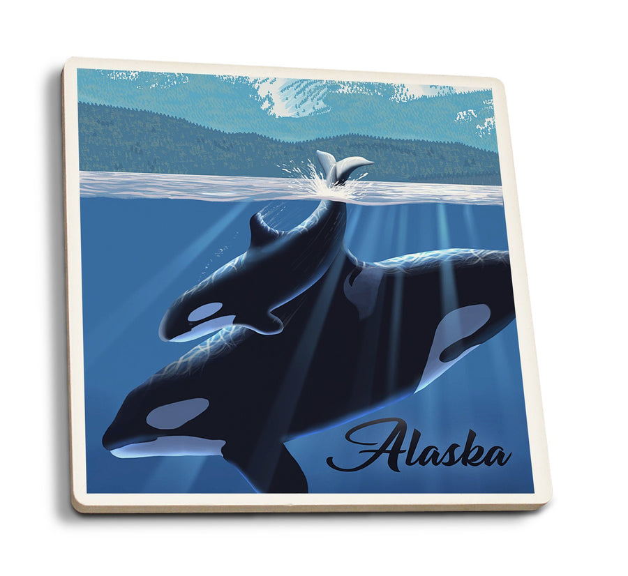 Alaska, Orca & Calf, Lantern Press Artwork, Coaster Set Coasters Lantern Press 
