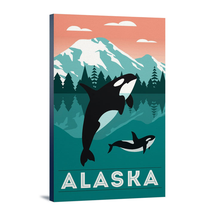 Alaska, Orca Whale & Calf, Lantern Press Artwork, Stretched Canvas Canvas Lantern Press 12x18 Stretched Canvas 
