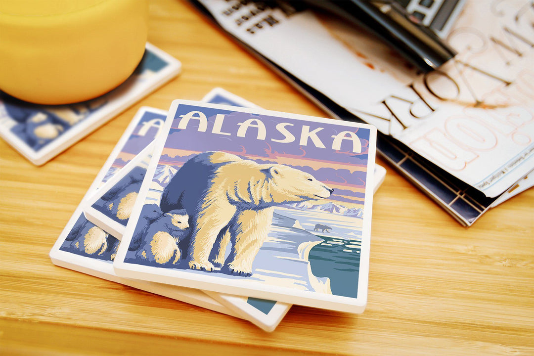 Alaska, Polar Bear at Sunrise, Lantern Press Artwork, Coaster Set Coasters Lantern Press 