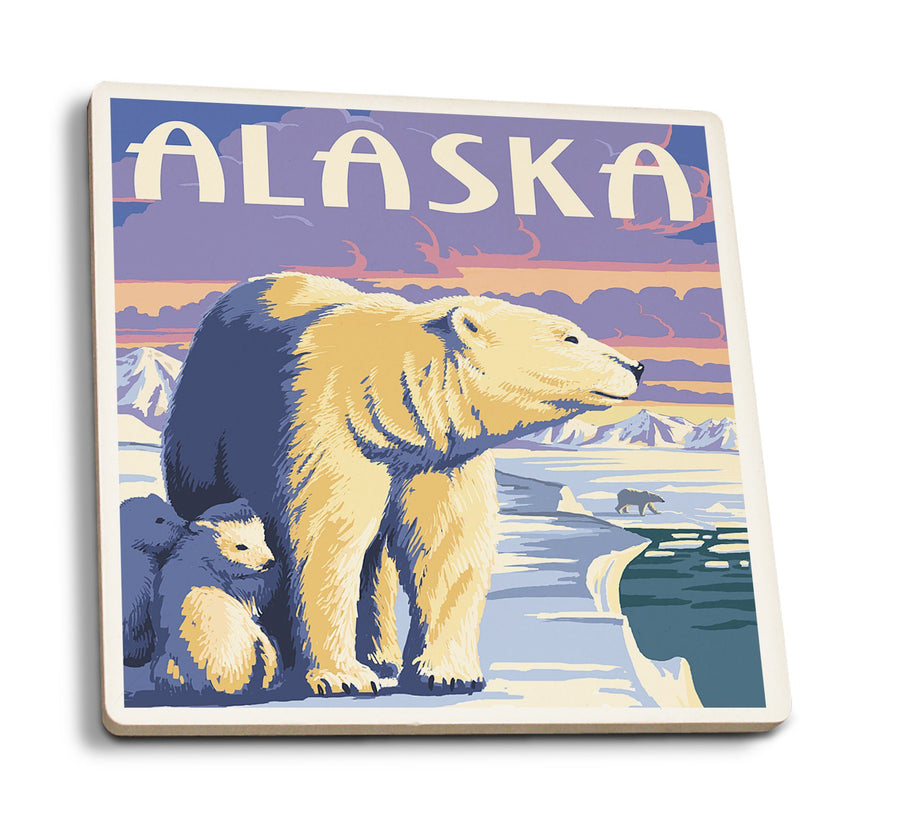 Alaska, Polar Bear at Sunrise, Lantern Press Artwork, Coaster Set Coasters Lantern Press 