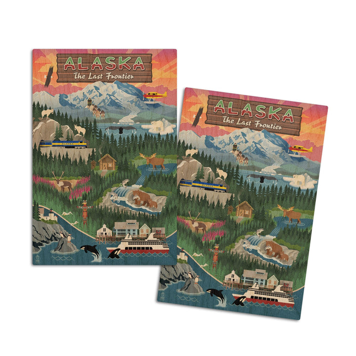 Alaska, Retro Scenes, Lantern Press Poster, Wood Signs and Postcards Wood Lantern Press 4x6 Wood Postcard Set 
