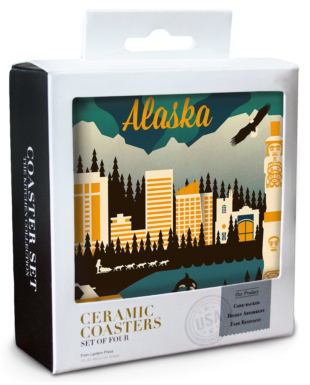 Alaska, Retro Skyline, Lantern Press Artwork, Coaster Set Coasters Lantern Press 