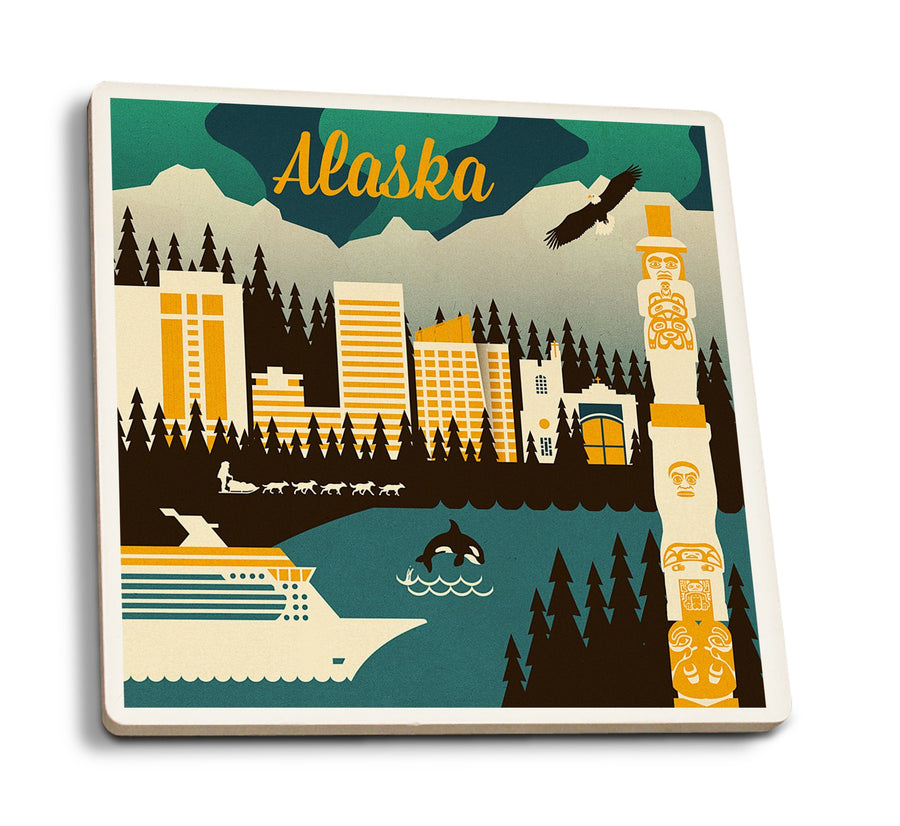 Alaska, Retro Skyline, Lantern Press Artwork, Coaster Set Coasters Lantern Press 