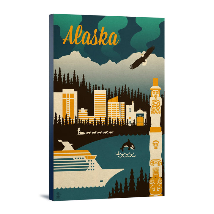 Alaska, Retro Skyline, Lantern Press Artwork, Stretched Canvas Canvas Lantern Press 12x18 Stretched Canvas 