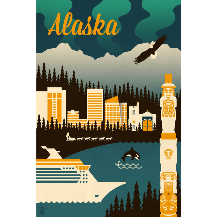 Alaska, Retro Skyline, Lantern Press Artwork, Stretched Canvas Canvas Lantern Press 