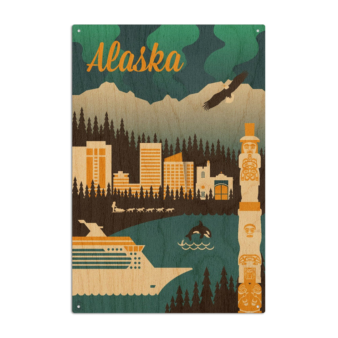 Alaska, Retro Skyline, Lantern Press Artwork, Wood Signs and Postcards Wood Lantern Press 10 x 15 Wood Sign 