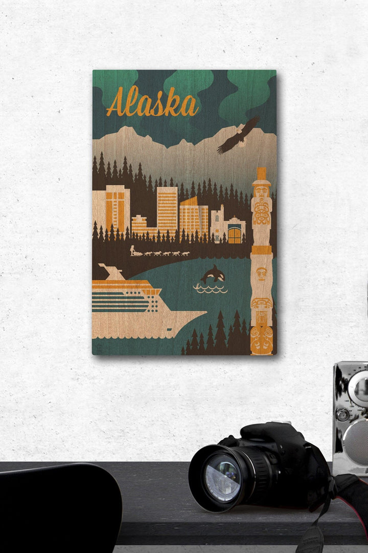 Alaska, Retro Skyline, Lantern Press Artwork, Wood Signs and Postcards Wood Lantern Press 12 x 18 Wood Gallery Print 