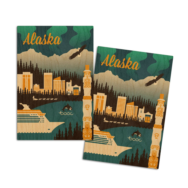 Alaska, Retro Skyline, Lantern Press Artwork, Wood Signs and Postcards Wood Lantern Press 4x6 Wood Postcard Set 