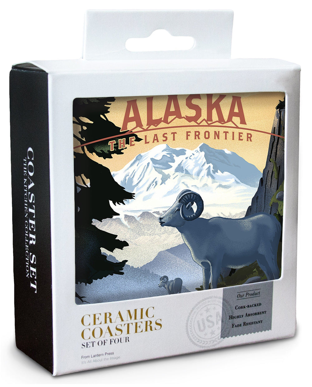 Alaska, The Last Frontier, Dall Sheep & Mountain, Lithograph, Lantern Press Artwork, Coaster Set Coasters Lantern Press 