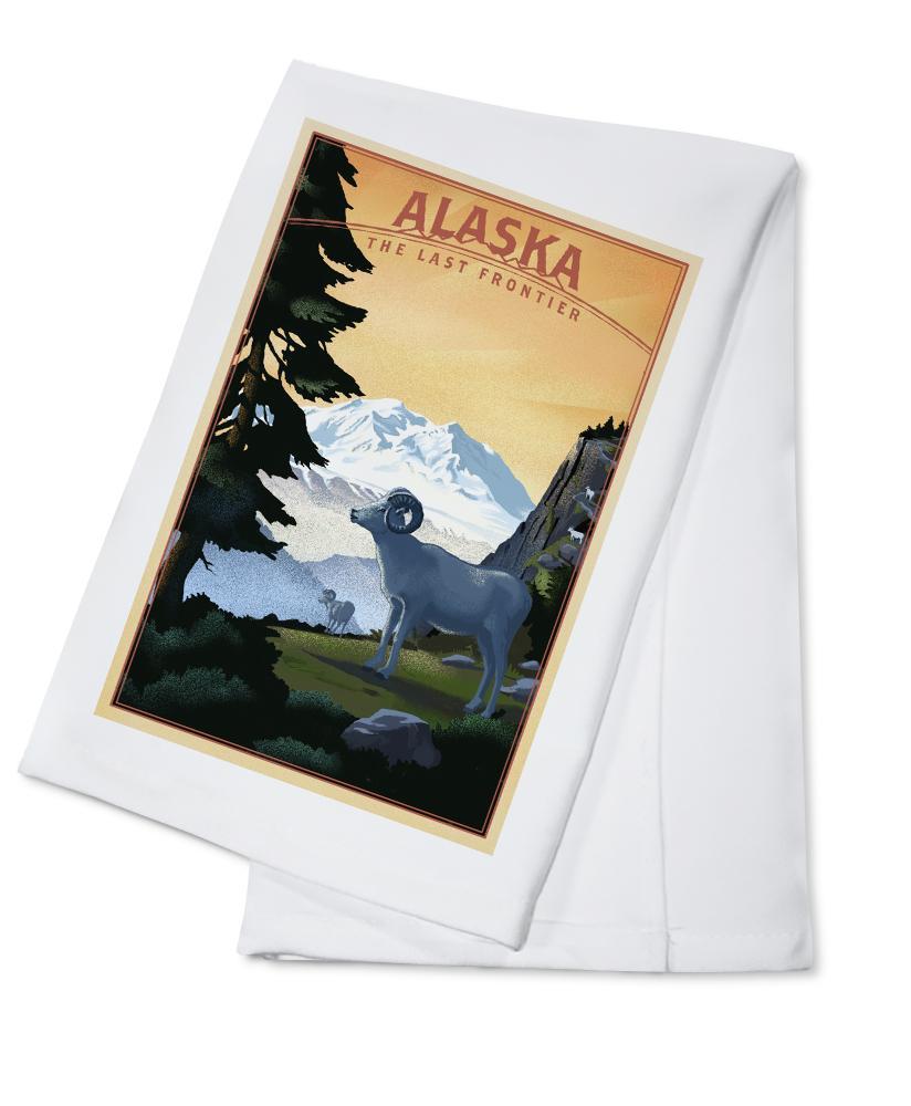 Alaska, The Last Frontier, Dall Sheep & Mountain, Lithograph, Lantern Press Artwork, Towels and Aprons Kitchen Lantern Press 