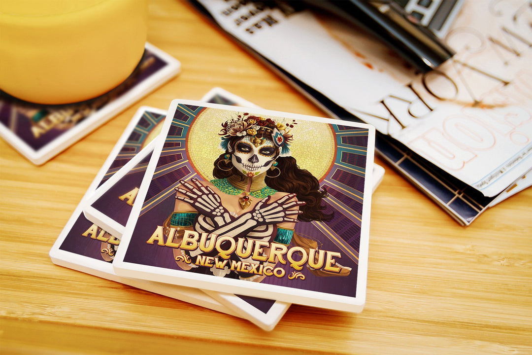 Albuquerque, New Mexico, Day of the Dead, Crossbones, Lantern Press Artwork, Coaster Set Coasters Lantern Press 