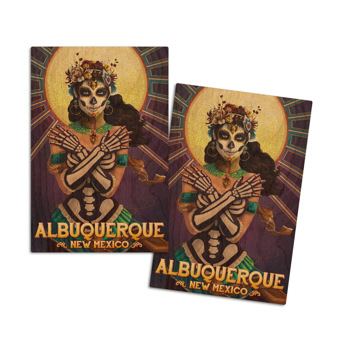 Albuquerque, New Mexico, Day of the Dead, Crossbones, Lantern Press Artwork, Wood Signs and Postcards Wood Lantern Press 4x6 Wood Postcard Set 