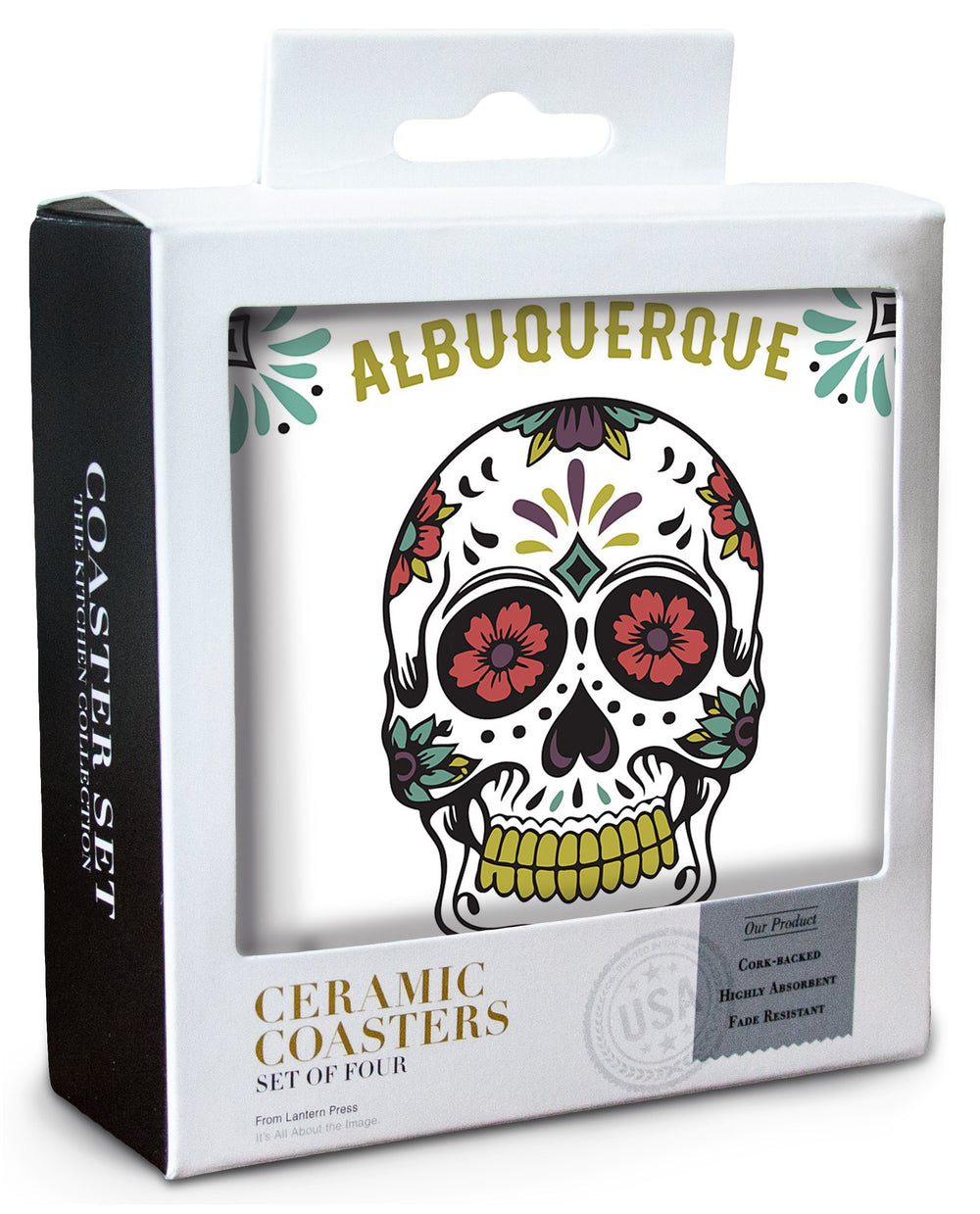 Albuquerque, New Mexico, Day of the Dead, Sugar Skull (White & Magenta), Lantern Press Artwork, Coaster Set Coasters Lantern Press 