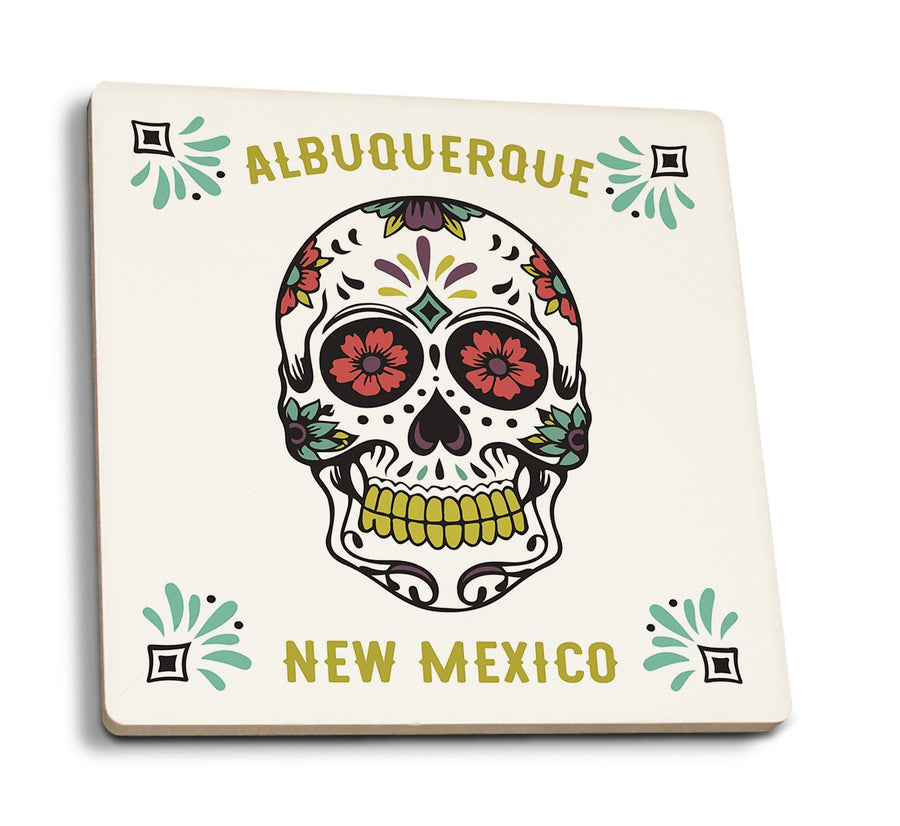 Albuquerque, New Mexico, Day of the Dead, Sugar Skull (White & Magenta), Lantern Press Artwork, Coaster Set Coasters Lantern Press 