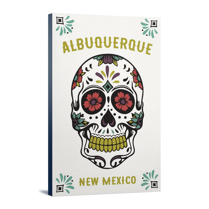 Albuquerque, New Mexico, Day of the Dead, Sugar Skull (White & Magenta), Lantern Press Artwork, Stretched Canvas Canvas Lantern Press 12x18 Stretched Canvas 
