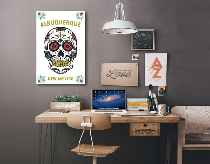 Albuquerque, New Mexico, Day of the Dead, Sugar Skull (White & Magenta), Lantern Press Artwork, Stretched Canvas Canvas Lantern Press 