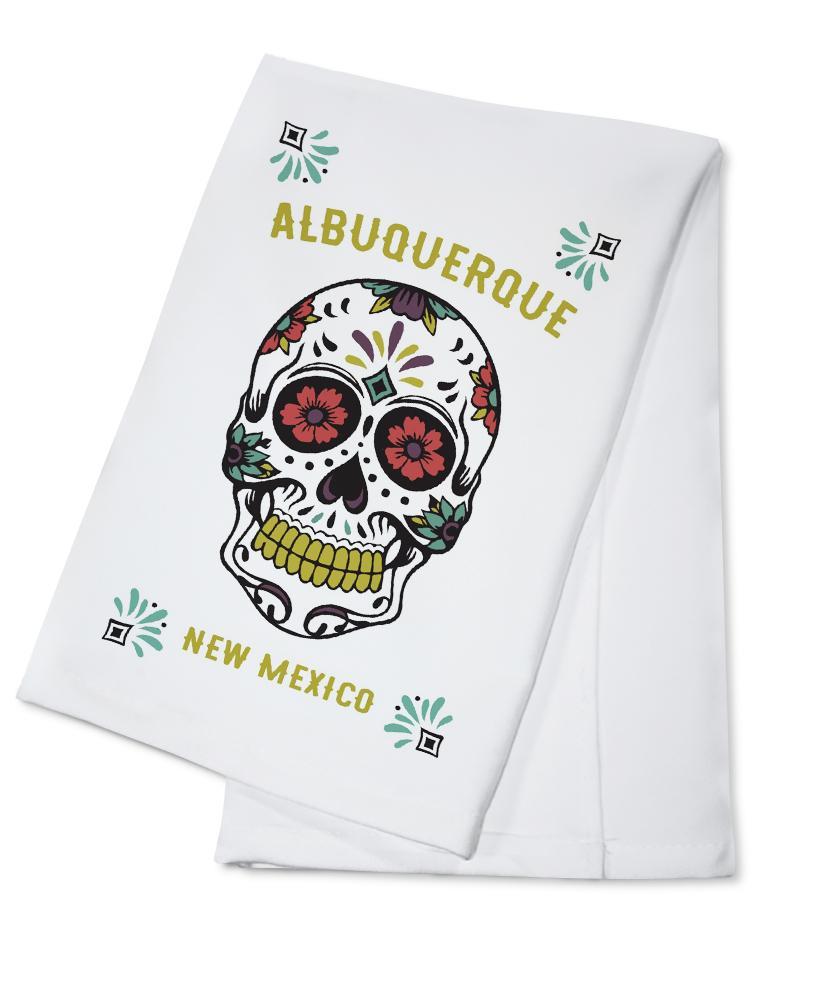 Albuquerque, New Mexico, Day of the Dead, Sugar Skull (White & Magenta), Lantern Press Artwork, Towels and Aprons Kitchen Lantern Press 