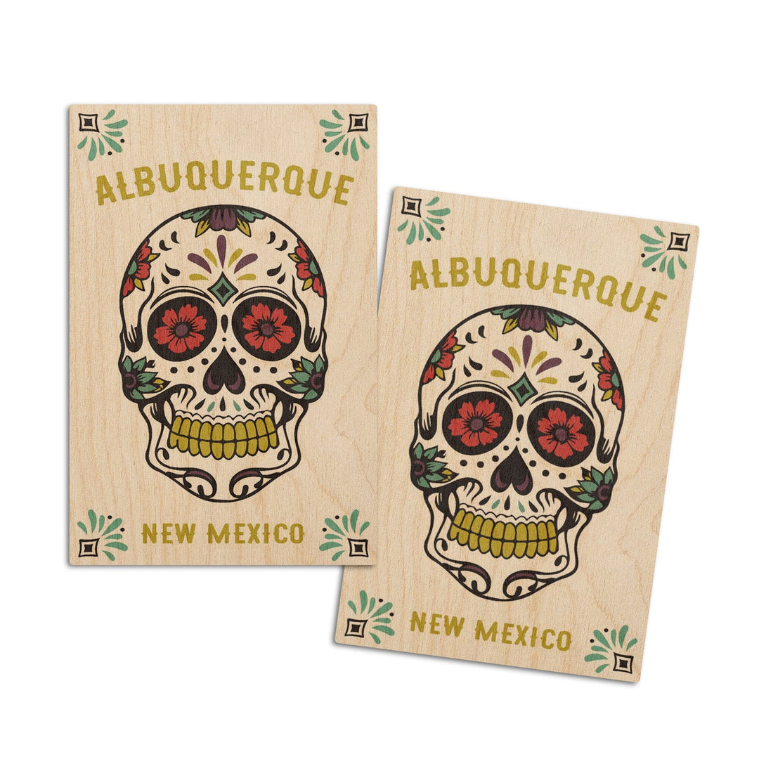 Albuquerque, New Mexico, Day of the Dead, Sugar Skull (White & Magenta), Lantern Press Artwork, Wood Signs and Postcards Wood Lantern Press 4x6 Wood Postcard Set 
