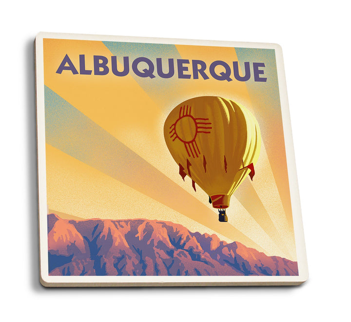 Albuquerque, New Mexico, Hot Air Balloon, Lithograph, Lantern Press Artwork, Coaster Set Coasters Lantern Press 