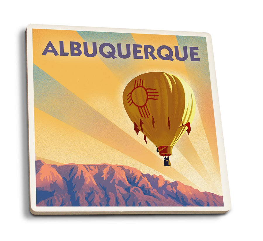 Albuquerque, New Mexico, Hot Air Balloon, Lithograph, Lantern Press Artwork, Coaster Set Coasters Lantern Press 
