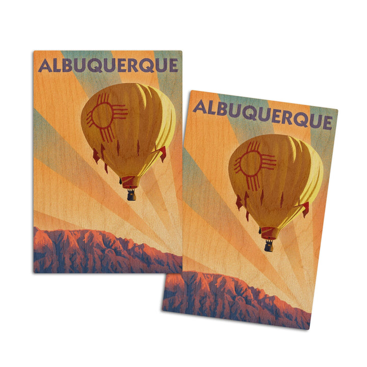 Albuquerque, New Mexico, Hot Air Balloon, Lithograph, Lantern Press Artwork, Wood Signs and Postcards Wood Lantern Press 4x6 Wood Postcard Set 