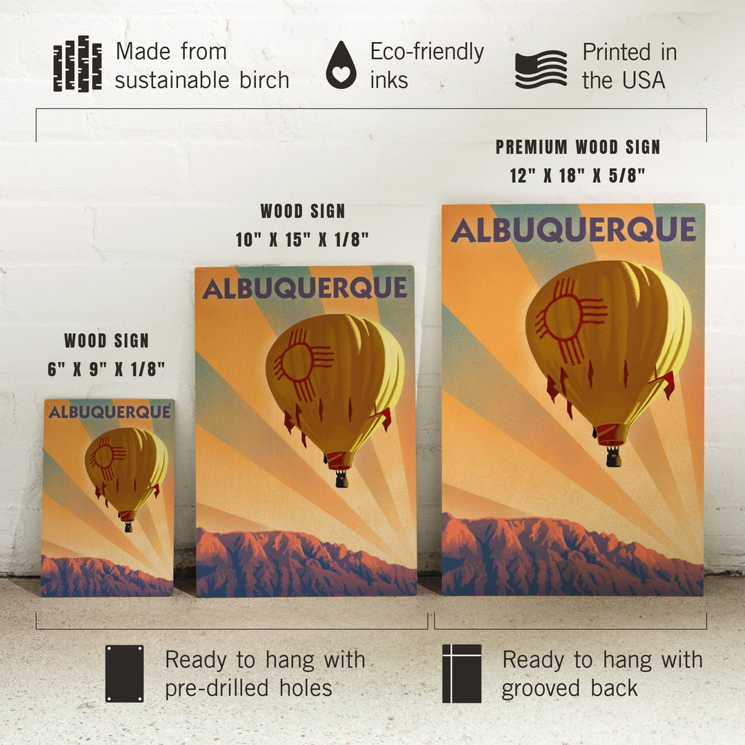 Albuquerque, New Mexico, Hot Air Balloon, Lithograph, Lantern Press Artwork, Wood Signs and Postcards Wood Lantern Press 