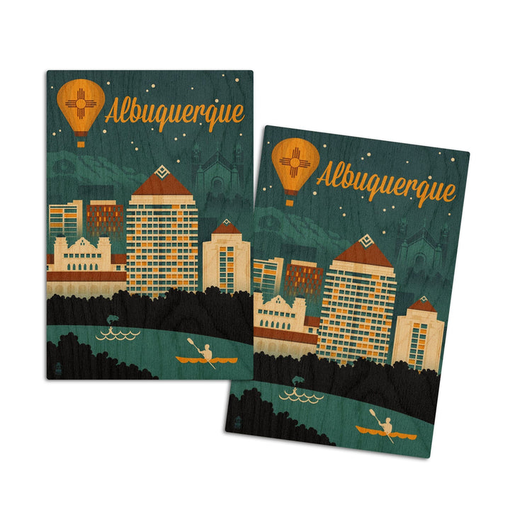 Albuquerque, New Mexico, Retro Skyline, Lantern Press Artwork, Wood Signs and Postcards Wood Lantern Press 4x6 Wood Postcard Set 