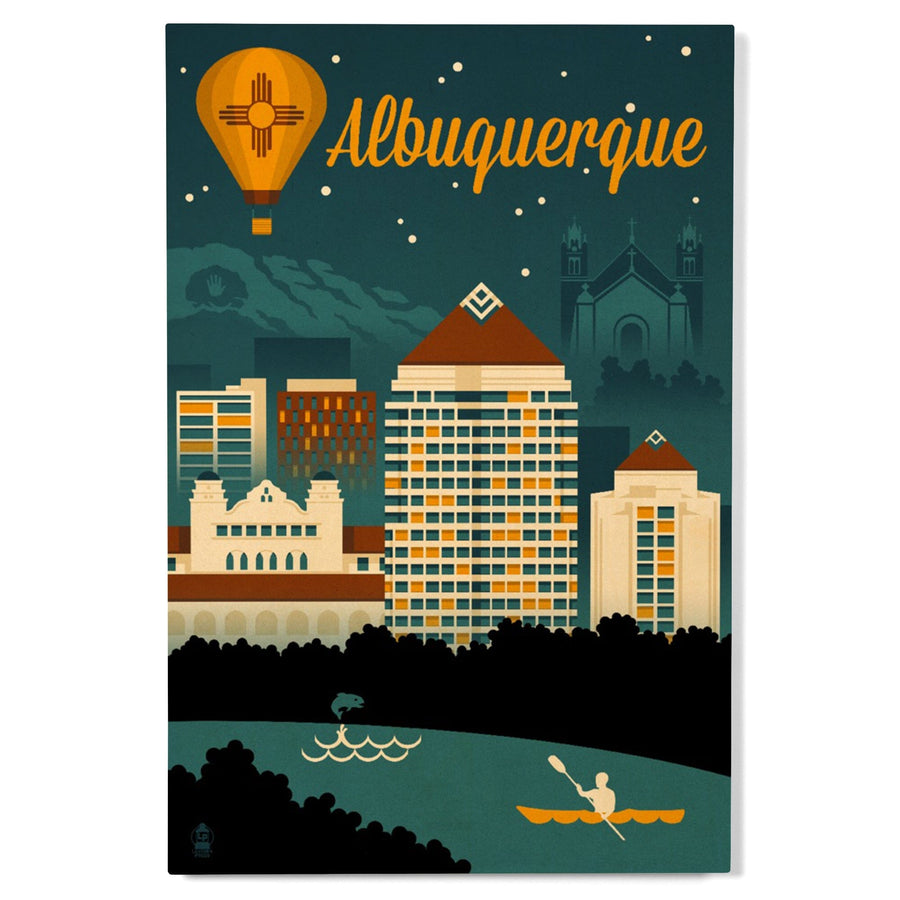 Albuquerque, New Mexico, Retro Skyline, Lantern Press Artwork, Wood Signs and Postcards Wood Lantern Press 