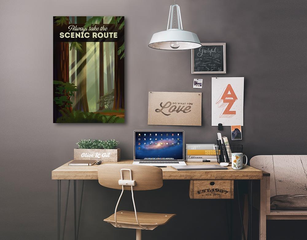 Always Take the Scenic Route, Forest, Geometric Lithograph, Lantern Press Artwork, Stretched Canvas Canvas Lantern Press 