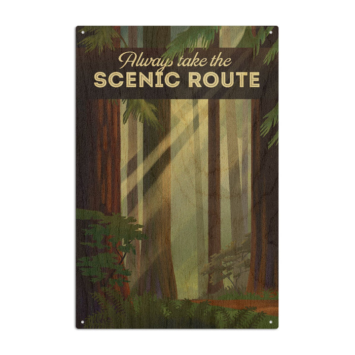 Always Take the Scenic Route, Forest, Geometric Lithograph, Lantern Press Artwork, Wood Signs and Postcards Wood Lantern Press 10 x 15 Wood Sign 