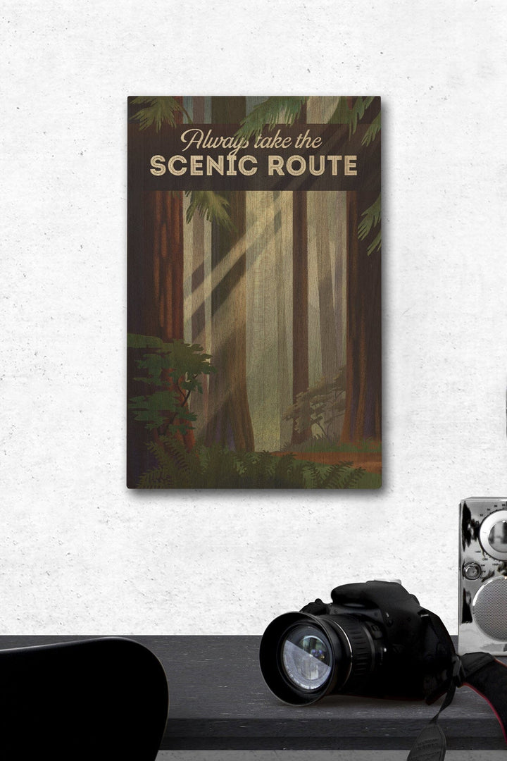 Always Take the Scenic Route, Forest, Geometric Lithograph, Lantern Press Artwork, Wood Signs and Postcards Wood Lantern Press 12 x 18 Wood Gallery Print 