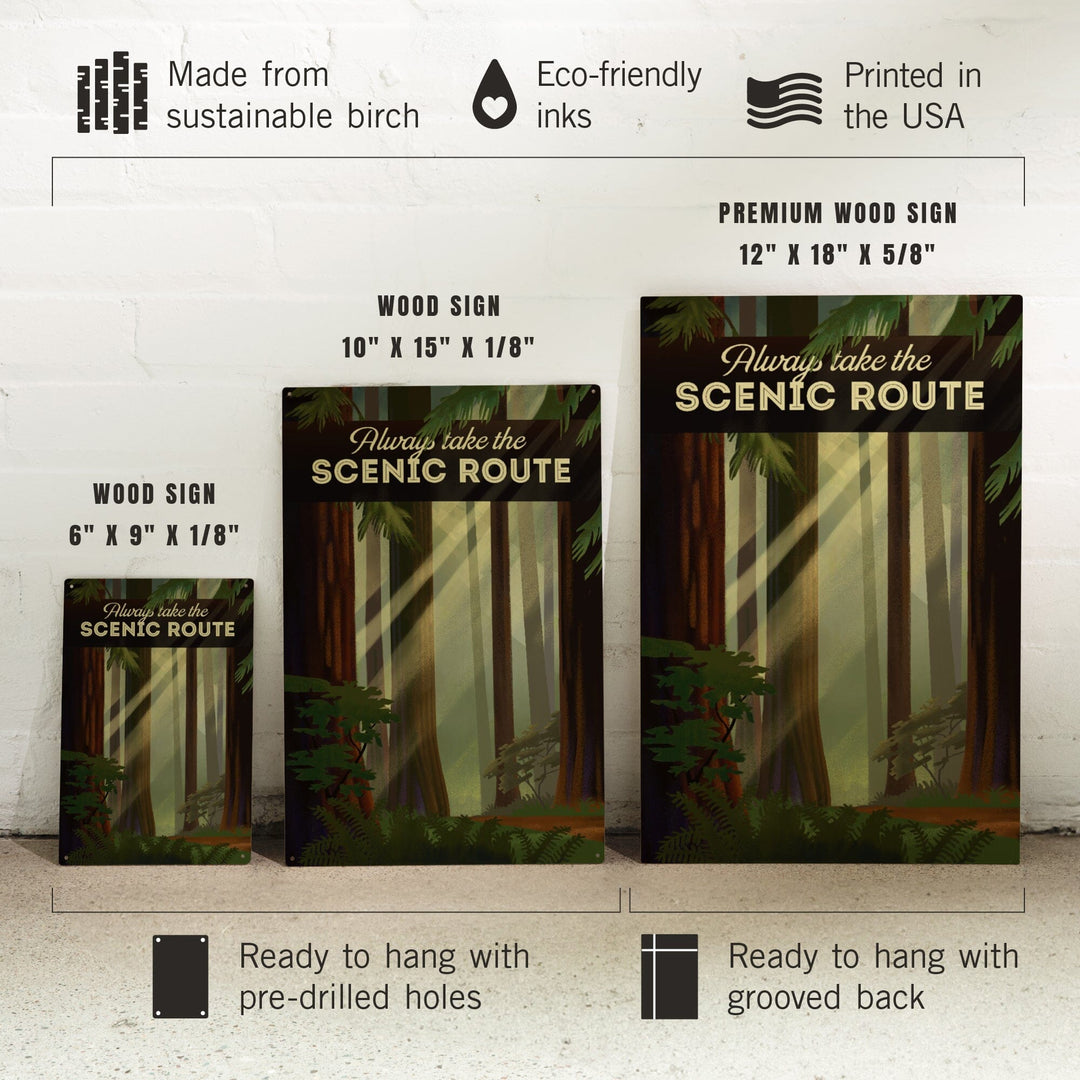 Always Take the Scenic Route, Forest, Geometric Lithograph, Lantern Press Artwork, Wood Signs and Postcards Wood Lantern Press 